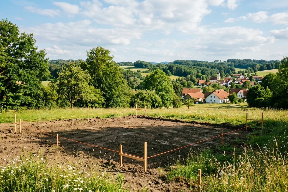 Vermesserstangen auf einem Bauplatz im Ostalbkreis &ndash; Vor-Ort-Termin von Schneider-Bau