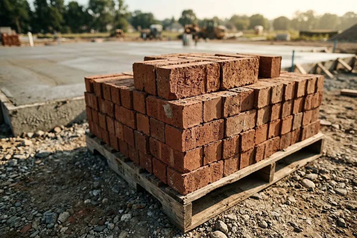 Ziegelpaletten und Material auf der Baustelle &ndash; Baustart durch Schneider-Bau