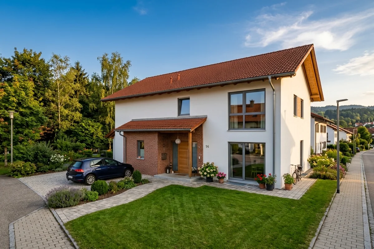 Einfamilienhaus mit roter Backsteinfassade in s&uuml;ddeutscher Wohnsiedlung
