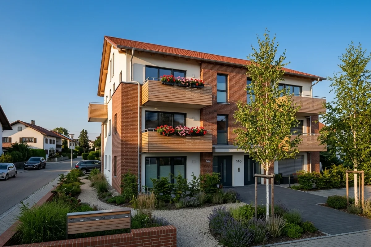 Modernes Mehrfamilienhaus mit Balkonen und Tiefgarageneinfahrt