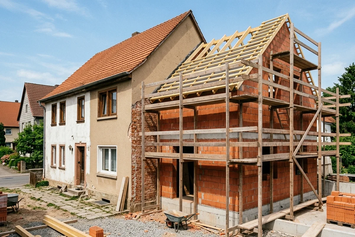 Anbau an ein Bestandshaus mit Holzger&uuml;st und frischem Mauerwerk