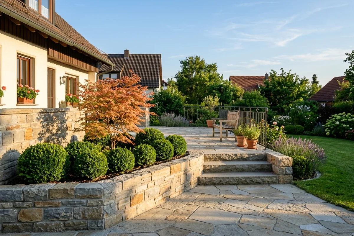 Gemauerte Terrasse und St&uuml;tzmauer aus Natursteinen mit Bepflanzung